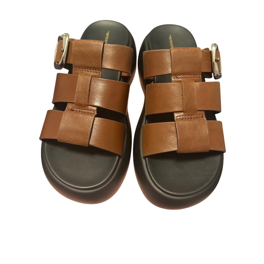 Intentionally Blank Women Espresso Leather Platform Buckle Slide Sandals Size 6